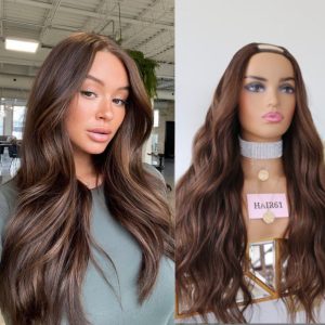 Semiparrucche di capelli naturali U Parte Castano con Meches Liscio